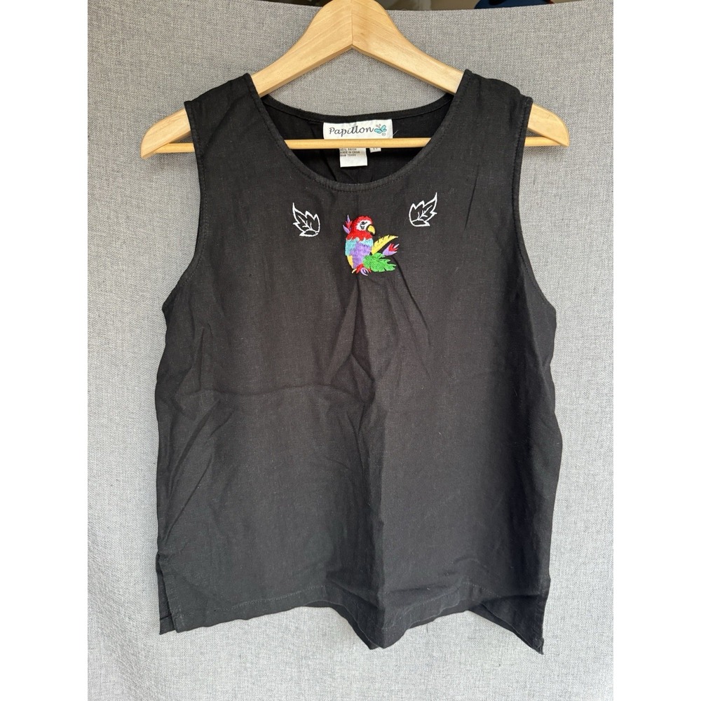 Linen Blend Tops Size M Black Embroidered Tropical Parrots Beach Tank Button VTG - Picture 2 of 11